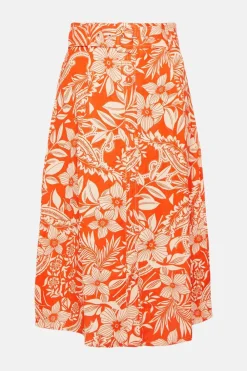 Sale Oasis Floral Print Linen Mix Button Detail Midi Skirt Multi