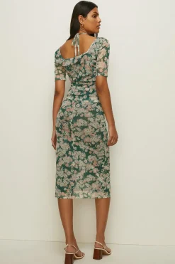 Online Oasis Floral Print Mesh Ruched Side Midi Skirt Green