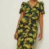 Online Oasis Floral Print Mesh V Neck Trim Detail Midi Dress Black