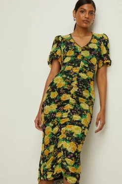 Online Oasis Floral Print Mesh V Neck Trim Detail Midi Dress Black
