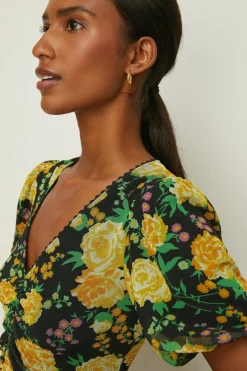 Online Oasis Floral Print Mesh V Neck Trim Detail Mini Dress Black