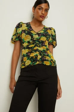 Discount Oasis Floral Print Mesh V Neck Trim Detail Top Pink