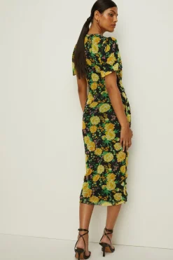 Online Oasis Floral Print Mesh V Neck Trim Detail Midi Dress Black