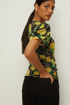 Discount Oasis Floral Print Mesh V Neck Trim Detail Top Pink