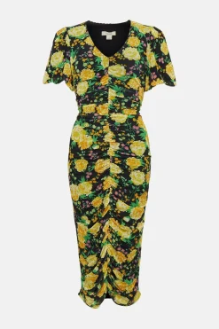 Online Oasis Floral Print Mesh V Neck Trim Detail Midi Dress Black