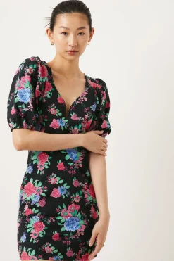 Discount Oasis Floral Print Puff Sleeve Mini Dress Black