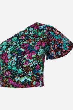 New Oasis Floral Print Woven Mix One Shoulder Top Black