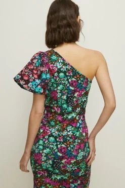 New Oasis Floral Print Woven One Shoulder Mini Dress Black