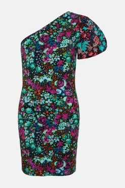 New Oasis Floral Print Woven One Shoulder Mini Dress Black