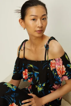 New Oasis Floral Printed Bardot Maxi Dress Black