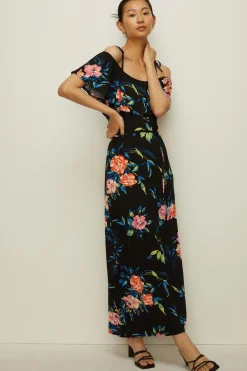 New Oasis Floral Printed Bardot Maxi Dress Black