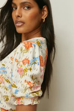 Outlet Oasis Floral Printed Broderie Shirred Cuff Top Multi