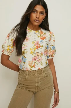 Outlet Oasis Floral Printed Broderie Shirred Cuff Top Multi