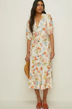 Sale Oasis Floral Printed Broderie Tiered Midi Dress Multi