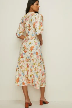 Sale Oasis Floral Printed Broderie Tiered Midi Dress Multi