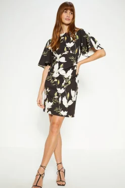 Best Oasis Floral Printed Crepe Flare Sleeve Tailored Dress Black