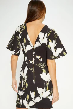 Best Oasis Floral Printed Crepe Flare Sleeve Tailored Dress Black