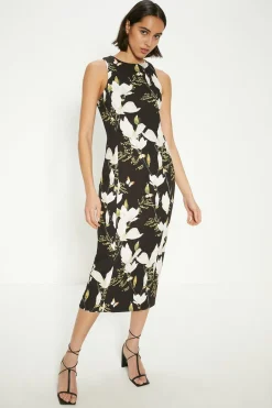 Hot Oasis Floral Printed Crepe Tailored Midi Dress Black