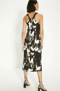 Hot Oasis Floral Printed Crepe Tailored Midi Dress Black