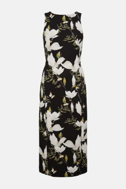 Hot Oasis Floral Printed Crepe Tailored Midi Dress Black