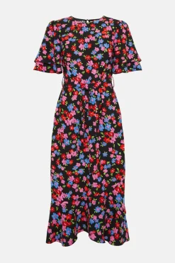 Best Oasis Floral Printed Frill Detail Belted Midi Dress Multi