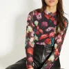 Best Oasis Floral Printed Funnel Neck Mesh Top Black