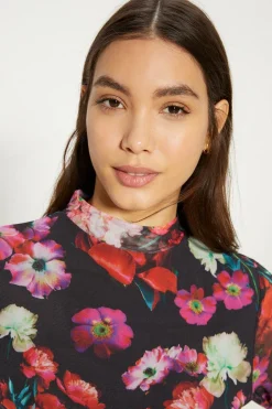 Best Oasis Floral Printed Funnel Neck Mesh Top Black