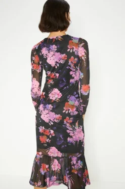 Sale Oasis Floral Printed Gauged Front Midi Dress Multi