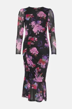 Sale Oasis Floral Printed Gauged Front Midi Dress Multi