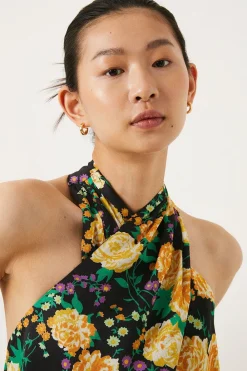 Fashion Oasis Floral Printed Halter Satin Top Black