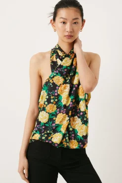Fashion Oasis Floral Printed Halter Satin Top Black