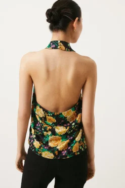 Fashion Oasis Floral Printed Halter Satin Top Black