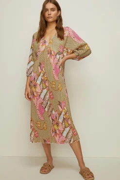Sale Oasis Floral Printed Plisse Midi Dress Red