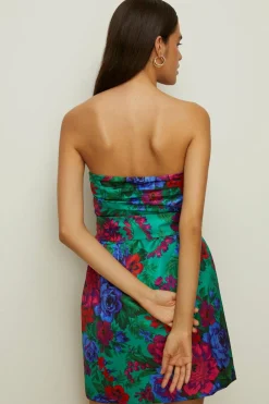 Online Oasis Floral Printed Satin Bandeau Bow Mini Dress Green