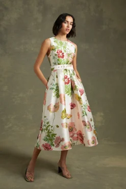 Discount Oasis Floral Printed Satin Twill Belted Midi Dress Multi