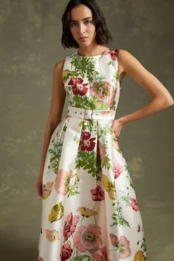 Discount Oasis Floral Printed Satin Twill Belted Midi Dress Multi