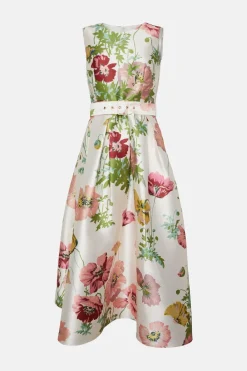 Discount Oasis Floral Printed Satin Twill Belted Midi Dress Multi