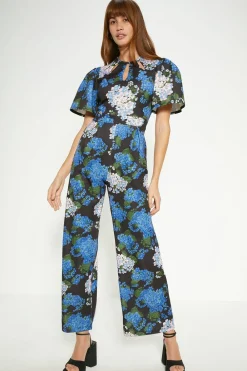 New Oasis Floral Printed Scuba Cut Out Jumpsuit Blue