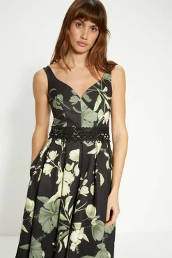 Online Oasis Floral Printed Scuba Lace Detail Midi Dress Green