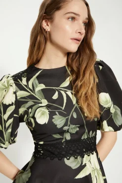 Best Oasis Floral Printed Scuba Lace Trim Skater Dress Green