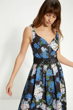New Oasis Floral Printed Scuba Lace Detail Midi Dress Blue