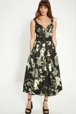Online Oasis Floral Printed Scuba Lace Detail Midi Dress Green