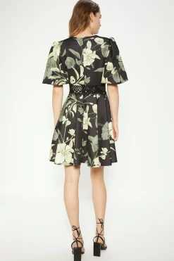 Best Oasis Floral Printed Scuba Lace Trim Skater Dress Green