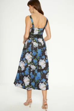 New Oasis Floral Printed Scuba Lace Detail Midi Dress Blue