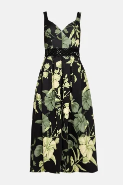 Online Oasis Floral Printed Scuba Lace Detail Midi Dress Green