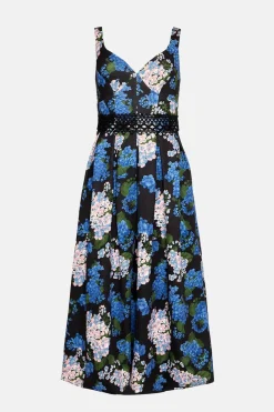 New Oasis Floral Printed Scuba Lace Detail Midi Dress Blue