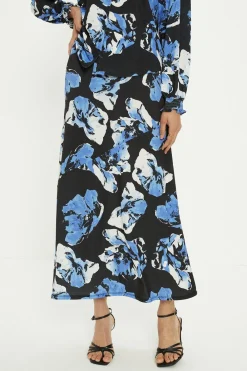 Clearance Oasis Floral Printed Seam Detail Midi Skirt Blue