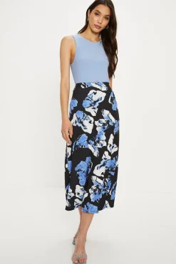 Clearance Oasis Floral Printed Seam Detail Midi Skirt Blue