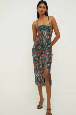 Sale Oasis Floral Printed Sequin Cross Back Midi Dress Black
