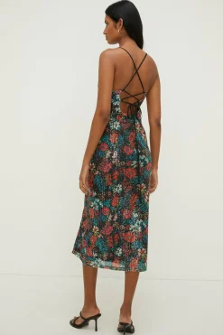 Sale Oasis Floral Printed Sequin Cross Back Midi Dress Black